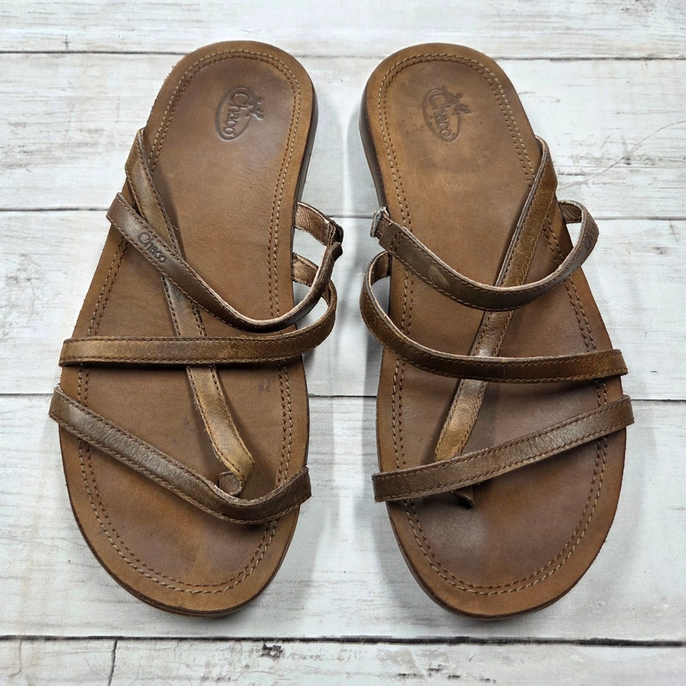 Chaco Leather Strappy Sandals Womens 7 Coffee Brown Toe Loop Comfort